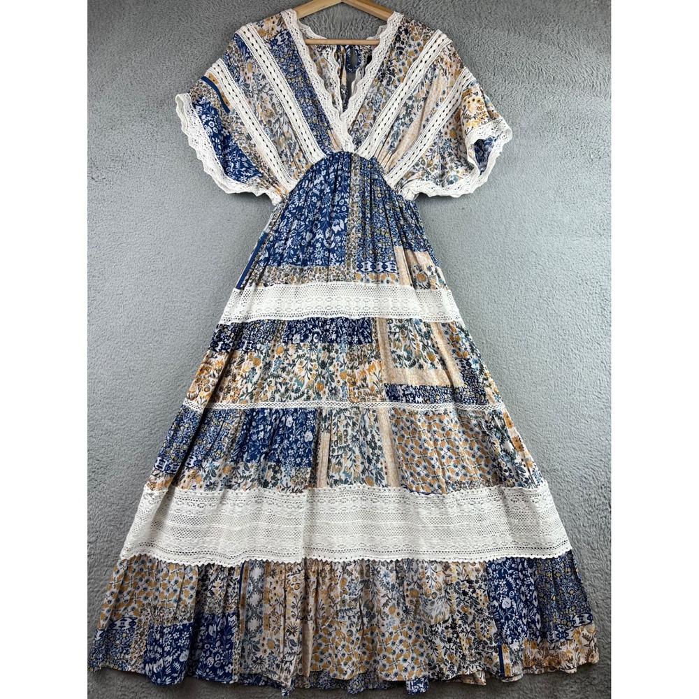Angie Womens Large Patchwork Floral Crochet Lace Trim Boho Maxi Dress Blue L
